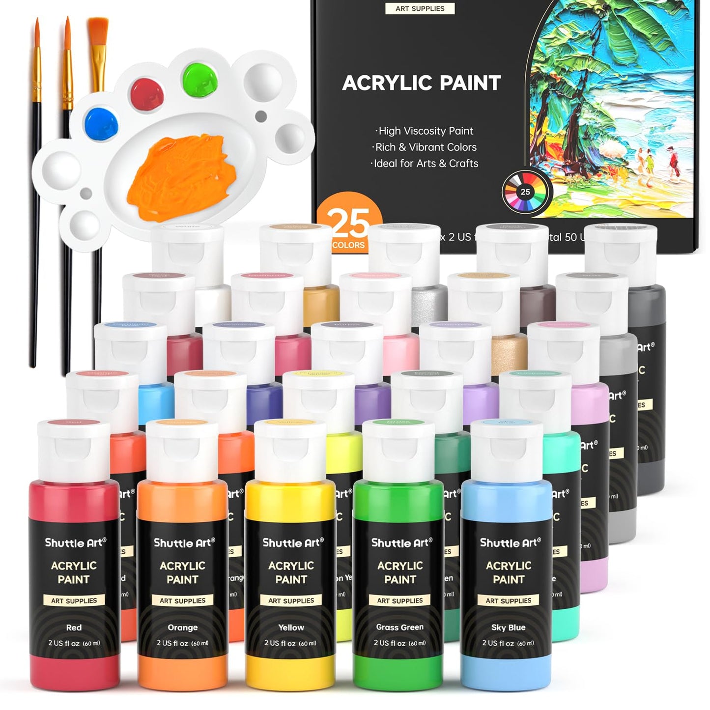 Shuttle Art Acrylic Paint, 25 Colors Acrylic Paint Set, 2oz/60ml Bottles, Rich Pigments Paint for Artists, Beginners and Kids on Canvas Rocks Wood Ceramic Fabric
