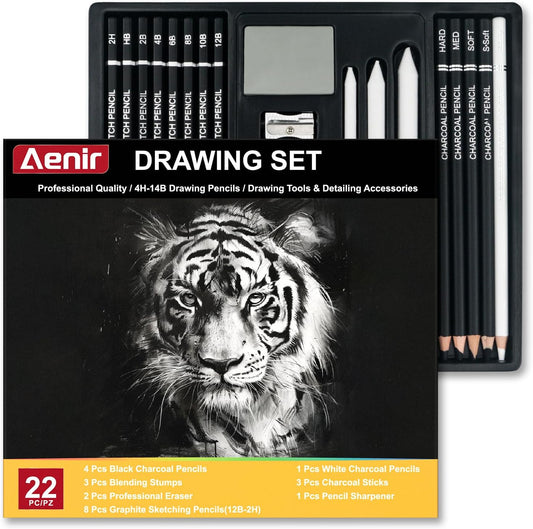 Aenir Charcoal Pencils for Drawing, 22-Piece Sketch Pencils for Drawing Set | Drawing Pencils for Sketching, Shading, Charcoal Art Supplies for Kids, Teens, Adults, Art Students, Beginners & Pro Artists.