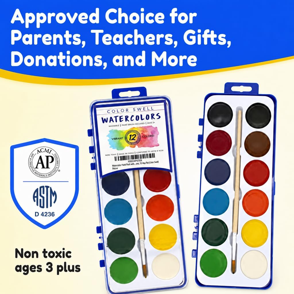 Color Swell 12 Color Bulk Watercolors with Wood Brushes, 18 Pack