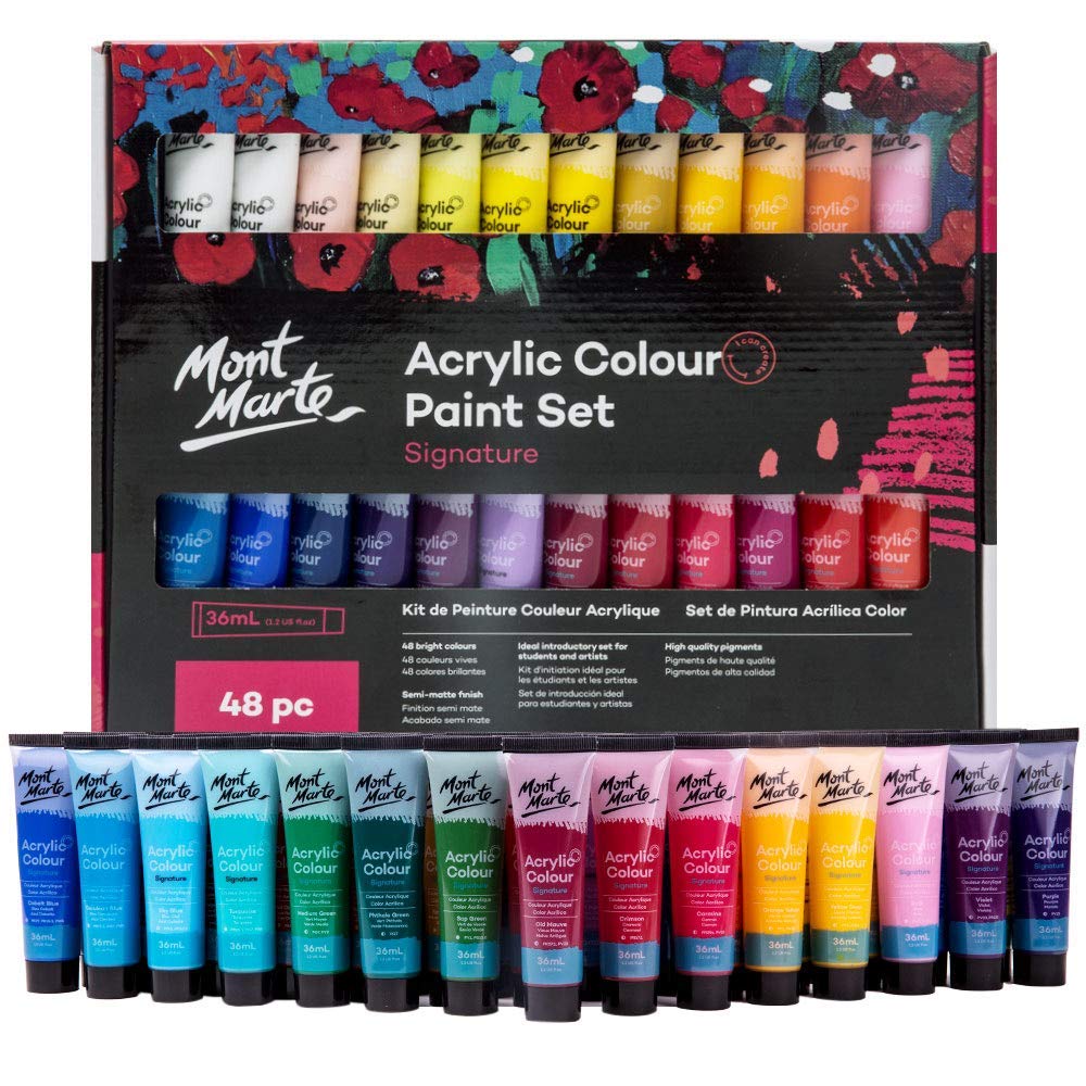 Mont Marte Acrylic Colour Paint Set Signature 24pc x 1.21 US fl.oz (36ml), Acrylic Paint Kit Ideal for Canvas, Wood, Air Dried Clay, Cardboard and More, Great Beginner Acrylic Paint Set, Includes 24 Colors
