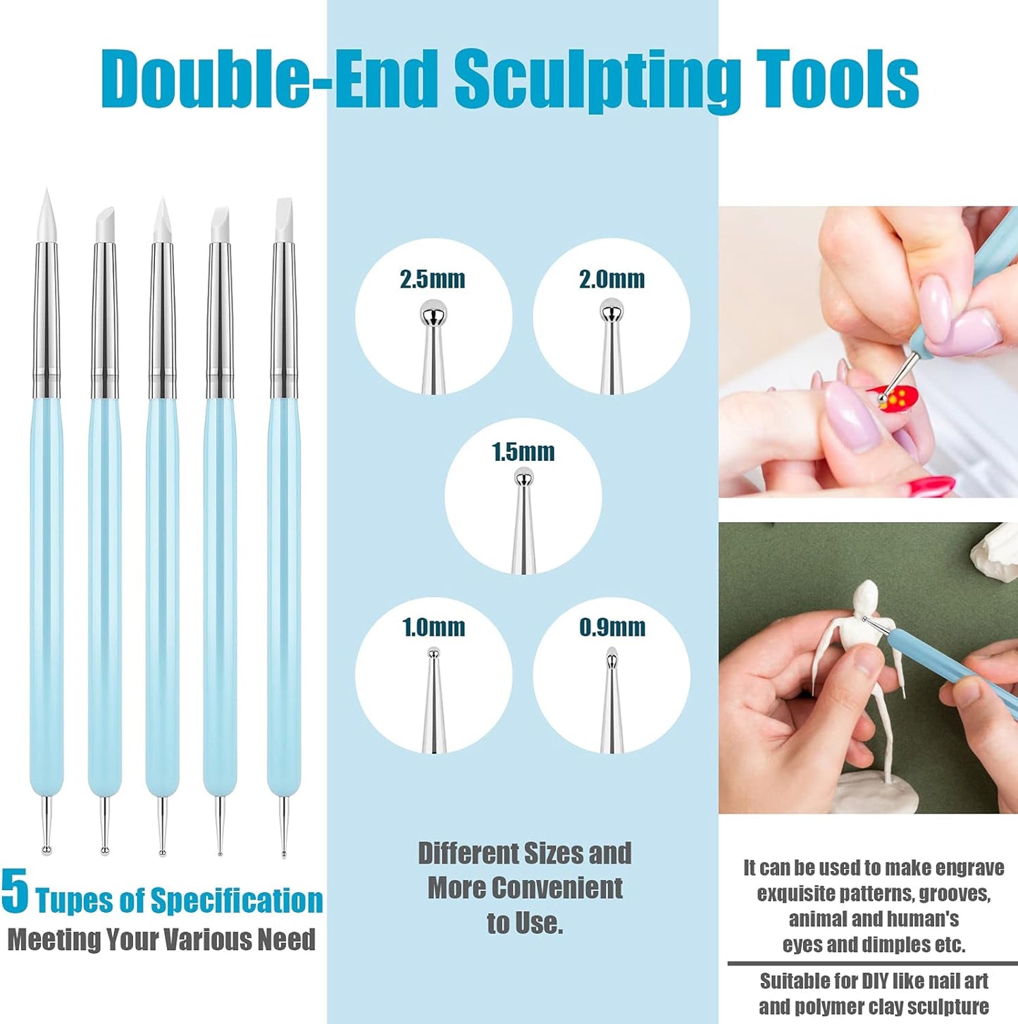 Clatoon 10Pcs Silicone Clay Sculpting Tool, Modeling Dotting Tool | Pottery Craft use for DIY Handicraft, Silicone Brush, Sculpture Pottery, Nail Art
