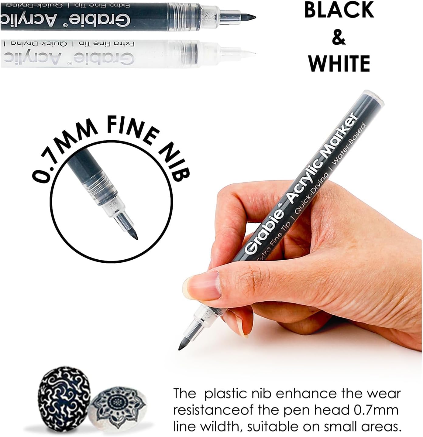 Grabie 6 Pack of Black & White Acrylic Paint Markers, 0.7 mm Extra Fine Tip | Extra Fine Tip, Quick Drying, Waterproof And Fade Resistant, Fine Details And Highlights, Rock Glass Wood Canvas Ceramic