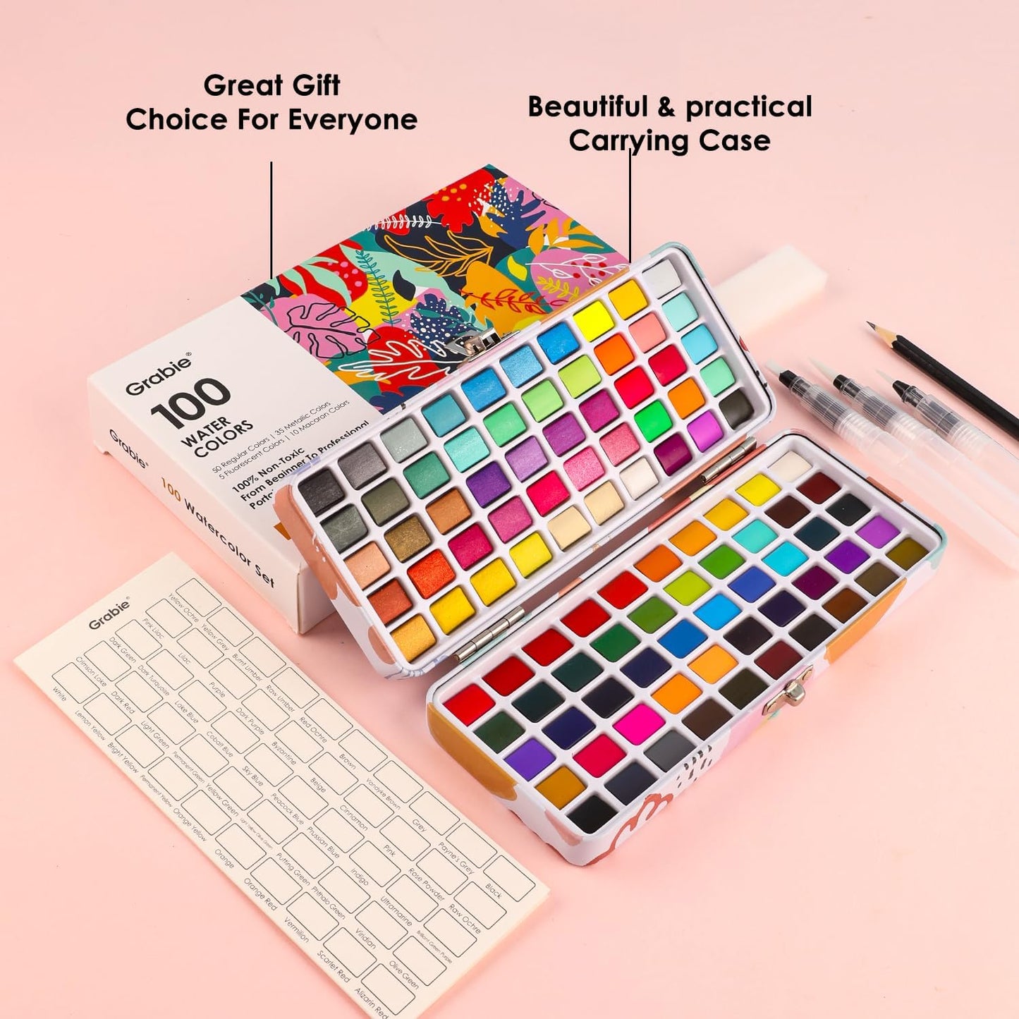 Grabie Watercolor Paint Set of 100 Color with Water Brush Pens | Water Brush Pens Included, Portable Carrying Case, High Pigment Paints, Smooth Blending, Travel Painting