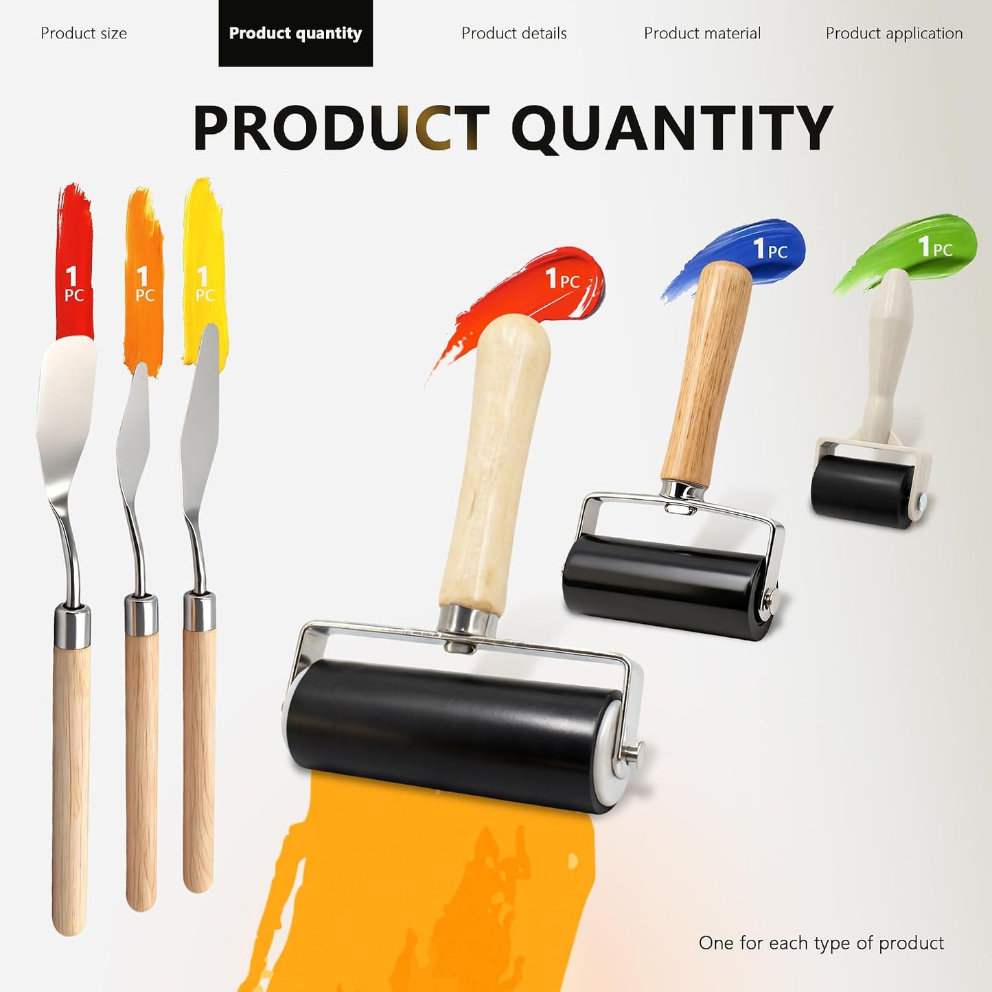 6 Pack Rubber Brayer Roller Kit, 3 Sizes Rubber Rollers with 3 Scrapers for Printmaking Wallpaper Ink Stamping Gluing Oil Painting Plastic Relief Crafting Art DIY - 1.4 in, 2.4 in, 4 in