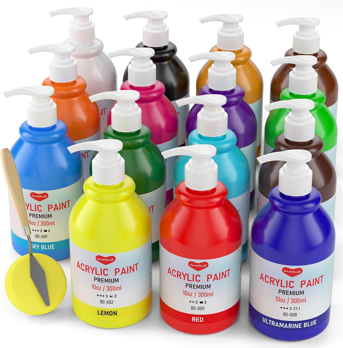 Smallbudi 15 Colors Large Bulk Acrylic Paint Set 10 oz/300 ml for Artists | Rich Pigment Art Painting Supplies Non Toxic Acrylic Kit for Kid & Adult Painting on Canvas Wood Fabric Rock Craft, with Pump