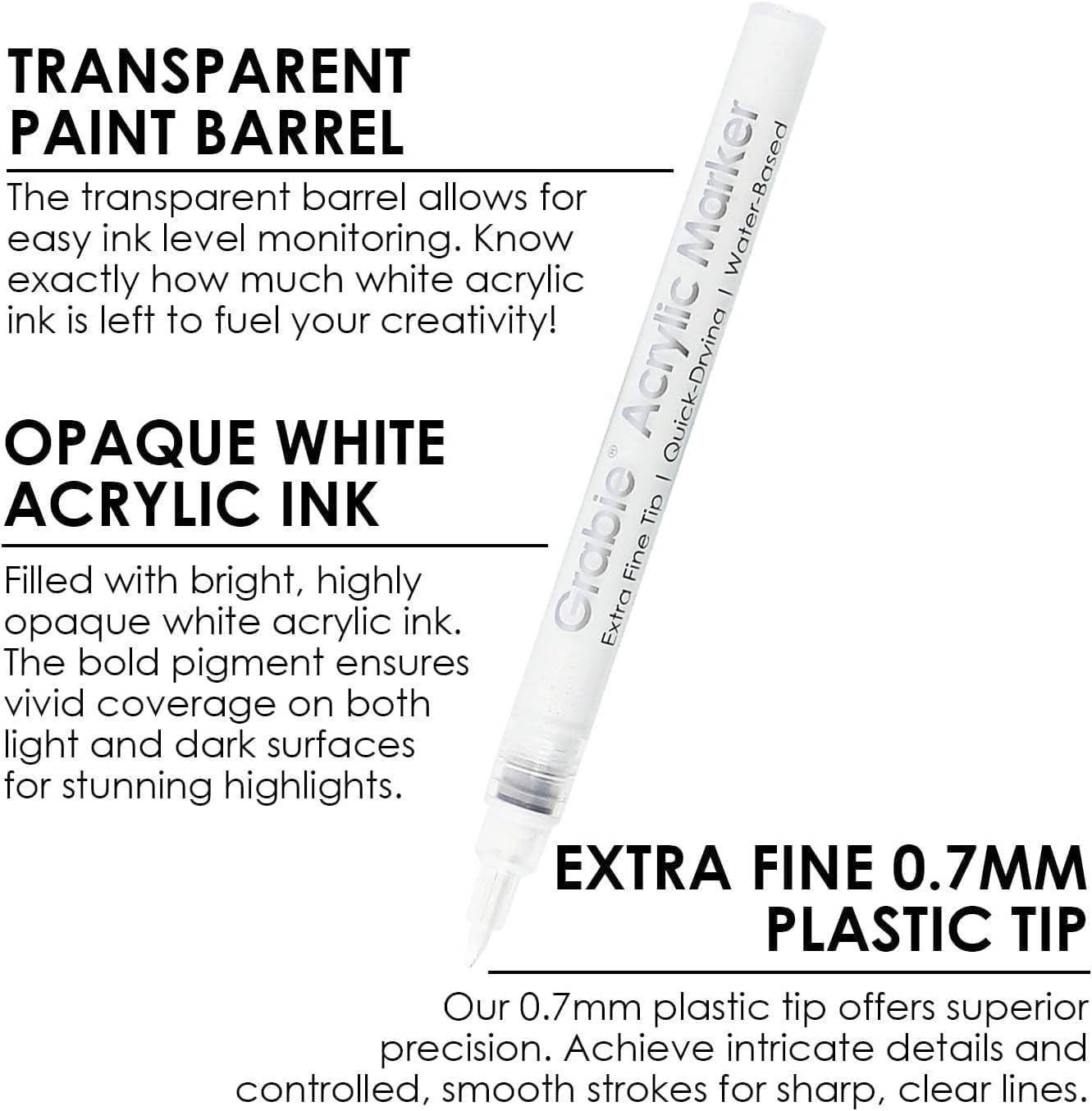 Grabie 6 Pack of Black & White Acrylic Paint Markers, 0.7 mm Extra Fine Tip | Extra Fine Tip, Quick Drying, Waterproof And Fade Resistant, Fine Details And Highlights, Rock Glass Wood Canvas Ceramic