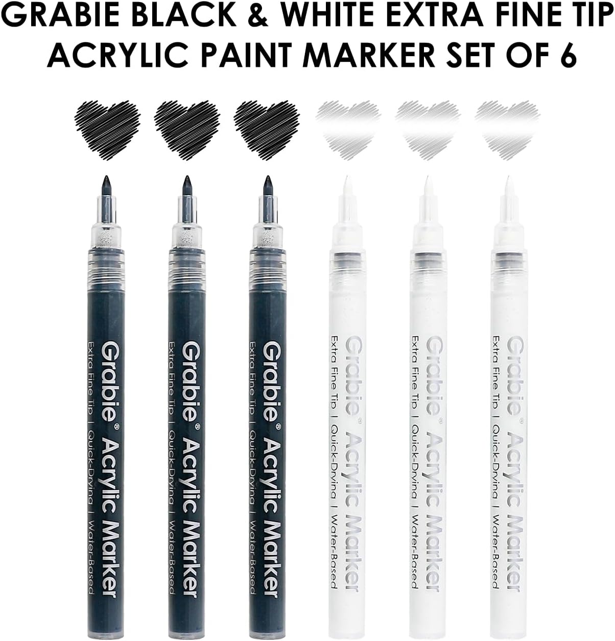 Grabie 6 Pack of Black & White Acrylic Paint Markers, 0.7 mm Extra Fine Tip | Extra Fine Tip, Quick Drying, Waterproof And Fade Resistant, Fine Details And Highlights, Rock Glass Wood Canvas Ceramic