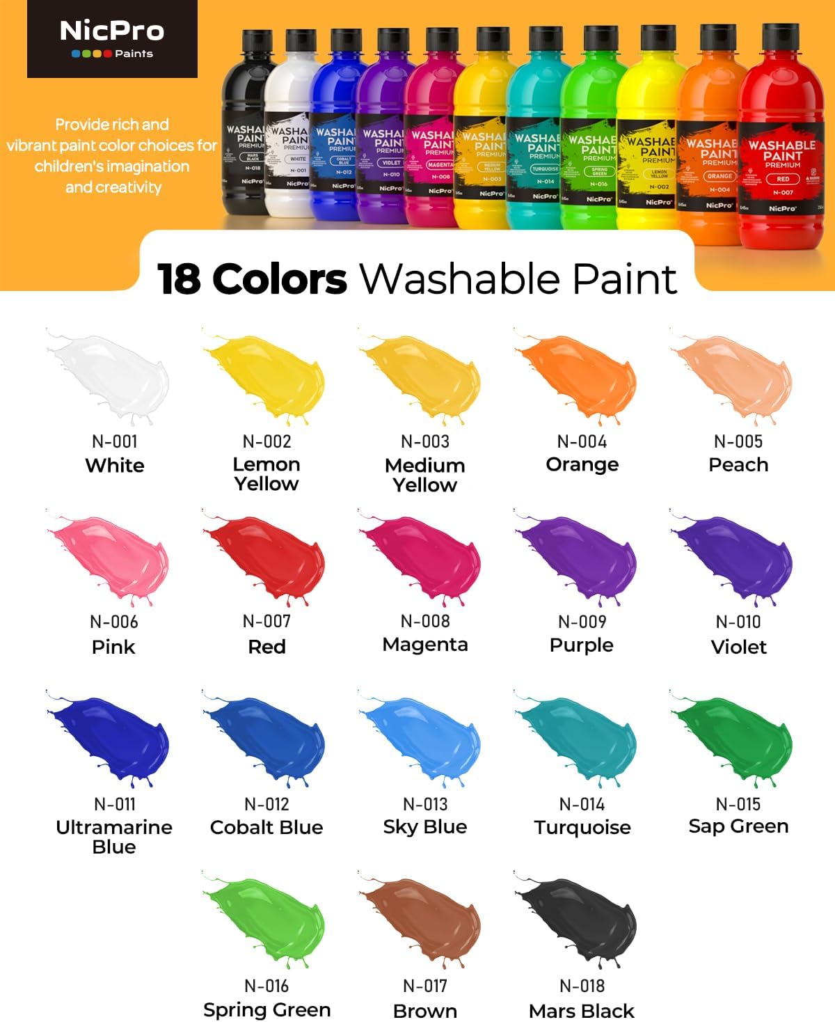 Nicpro 18 Colors Large Washable Paint Set for Kid (8.45oz), Tempera Paints | Classroom Must Haves, Acrylic Bulk Paint Supplies Non Toxic Paint for Art, Craft DIY, Poster & Finger Paint, School, Home