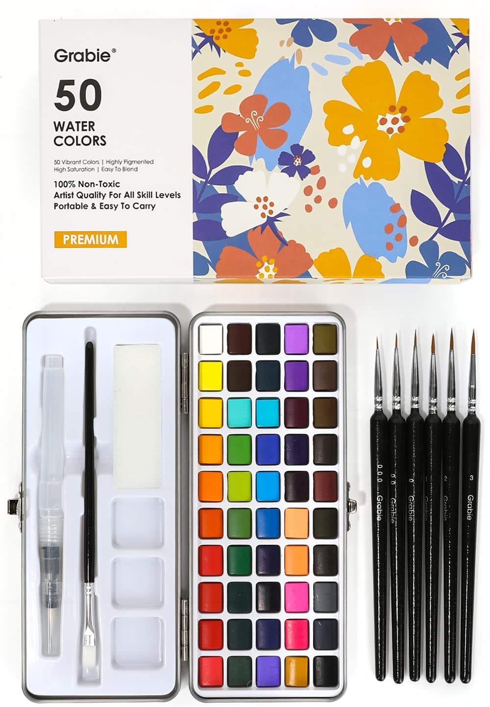 Grabie 50 Color Watercolor Paint Set with Detail Paint Brushes | High Pigment Paints, Blendable Colors, Portable Travel Case, Painting, Sketching, Illustration, Beginner And Hobby Artists