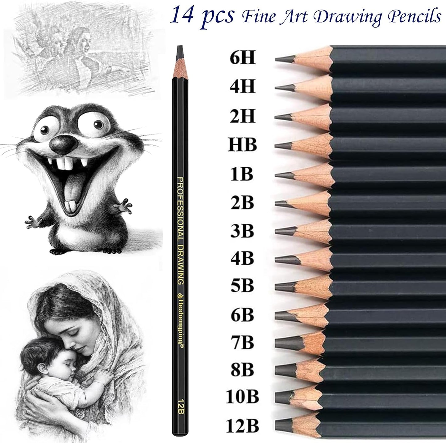 Heshengping, Sketching Pencil Set Drawing Pen Charcoal Sketch Kit Cover Graphite Charcoal Watercolor Pencils Paper Erasable Pen Beginners Artist Children and Adults(39pcs Art Supplies)