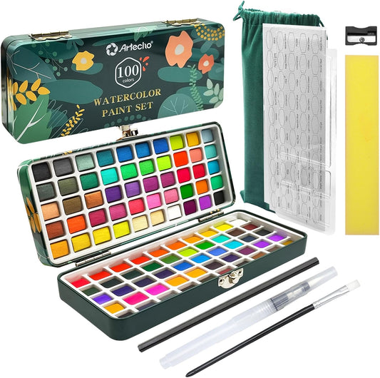 Artecho Watercolor Paint Set, 100 Colors with Metallics, Portable Case | 51 Classic, 35 Metallic, 4 Fluorescent & 10 Macaron/Candy Colors; Watercolor Paper and Brushes Included