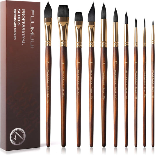 Watercolor Brushes Professional, Fuumuui 10Pcs Synthetic Squirrel Hair Water Color Paint Brush Set for Artists - Flat, Round Pointed, Dagger, Cats Tongue Oval Wash for Watercolor Gouache Inks Painting