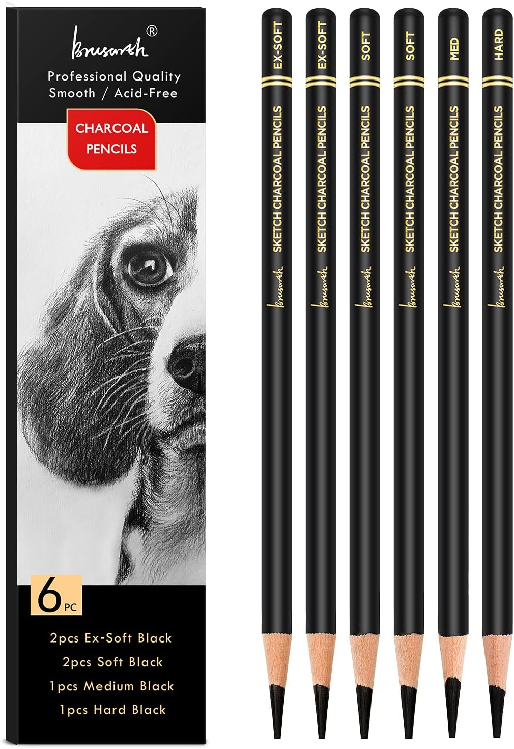 Brusarth Professional Charcoal Pencils Drawing Set - 6 Pieces Soft Medium and Hard Charcoal Pencils for Drawing, Sketching, Shading