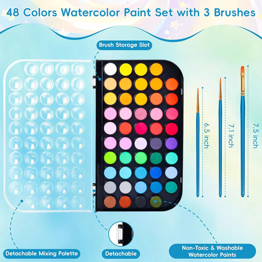 48 Color Solid Watercolor Paint Set with 3 Wooden Brushes for Adults Kids | Washable Watercolor Kit, Safe and Non-Toxic, Detachable Palette, Portable, Ideal Gift for Beginners, Children, Students