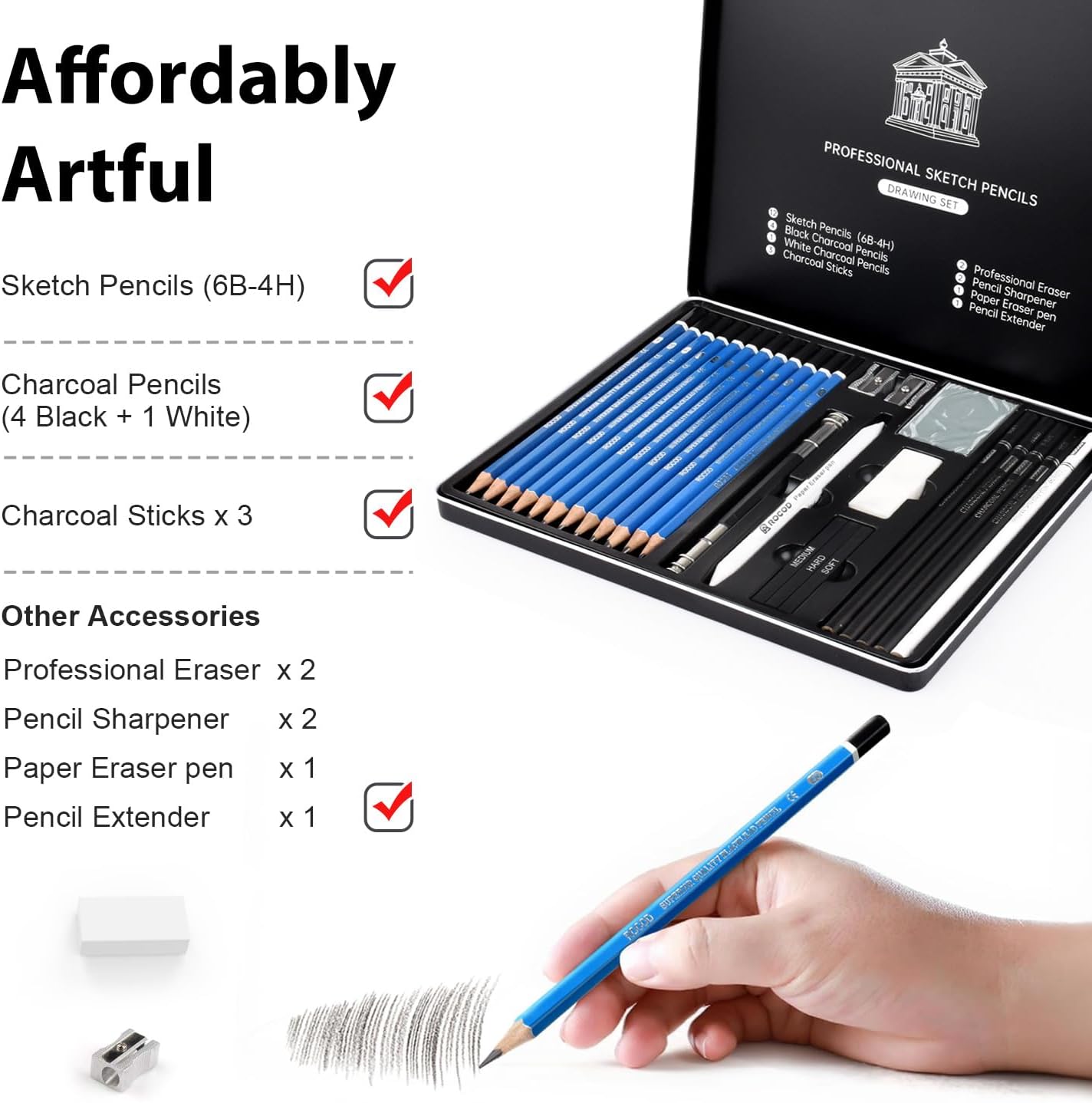 Sketch Pencils for Kids and Adults Drawing, 26-Piece Profession Sketching Pencils, Drawing Pencil for Artists Beginner Sketching, Art Graphite Pencil 6B to 4H