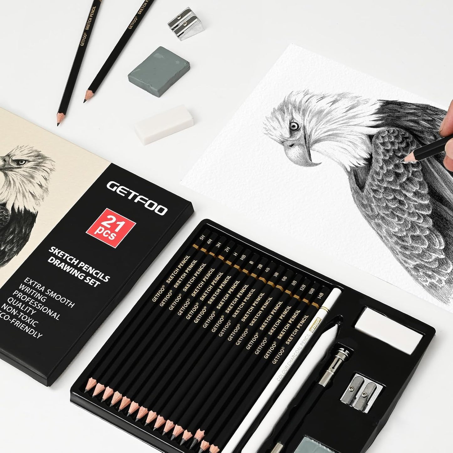 21pc Drawing Sketching Pencil Set Graphite 14B-5H & Charcoal Pencils | Professional Drawing & Sketch Pencil Set, White Charcoal Included, Shading & Blending, for Beginners & Artists
