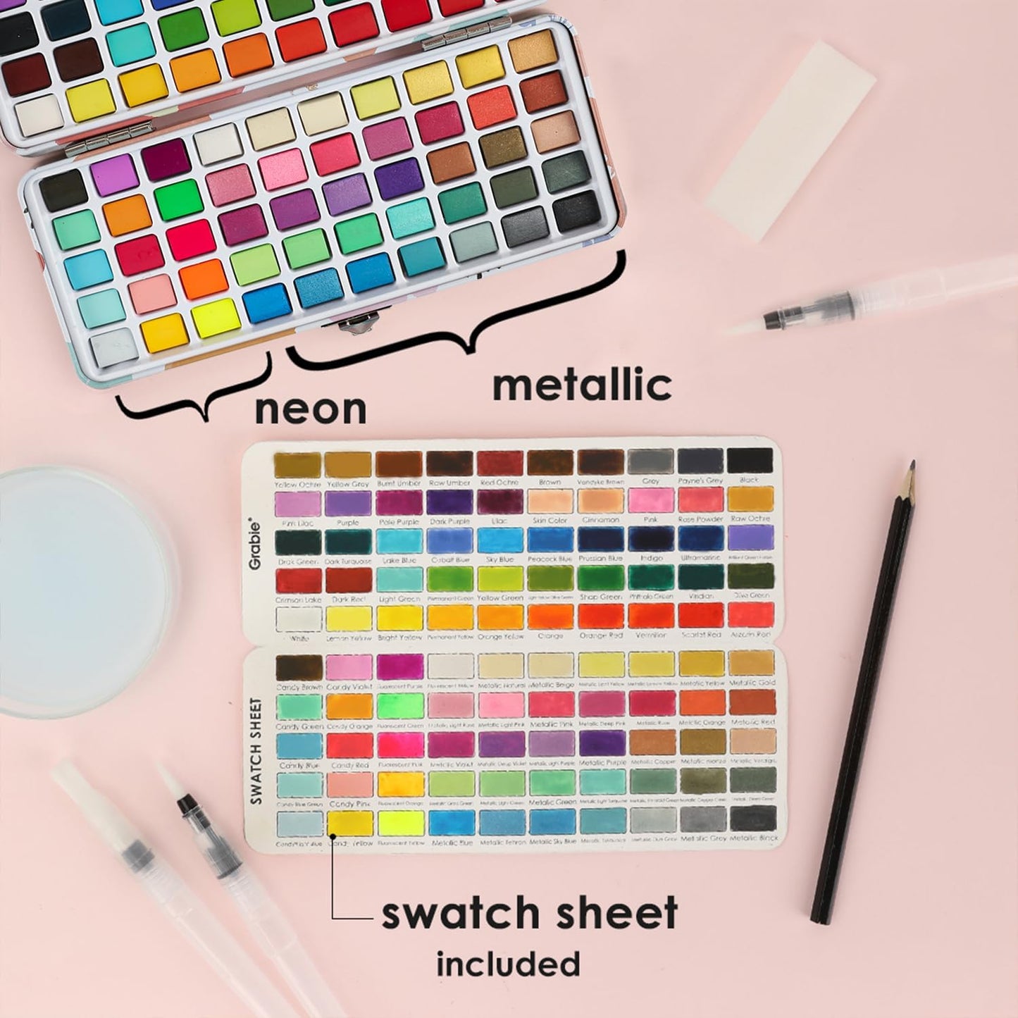 Grabie Watercolor Paint Set of 100 Color with Water Brush Pens | Water Brush Pens Included, Portable Carrying Case, High Pigment Paints, Smooth Blending, Travel Painting