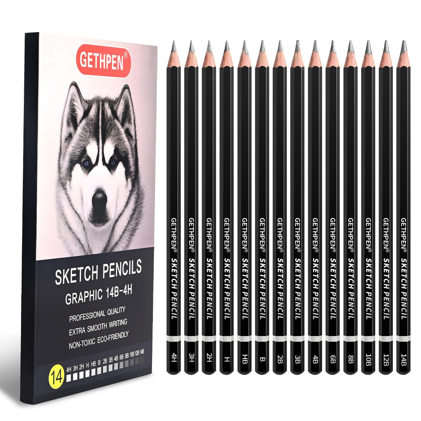 GETHPEN 34Pcs Sketch Drawing Kit, Graphite 14B-4H Charcoal Pencils Sticks | Sketch Pencil Set, (4H-14B) Pencils, Vinyl Eraser, Kneaded Eraser,Sharpener and Paper Blending Stump, Artists and Beginners