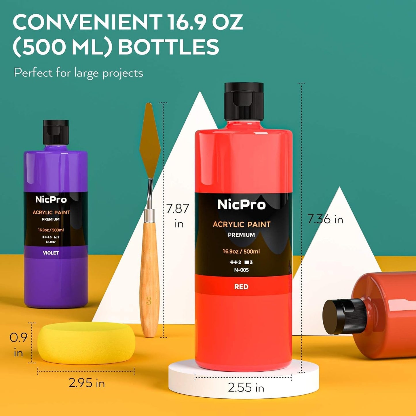 Nicpro 14 Colors Large Bulk Acrylic Paint Set for Artist (16.9 oz, 500 ml) | Rich Art Painting Supplies, Non Toxic for Multi Surface Craft Rock Canvas Wood Ceramic Leather Fabric, for Adult Beginners