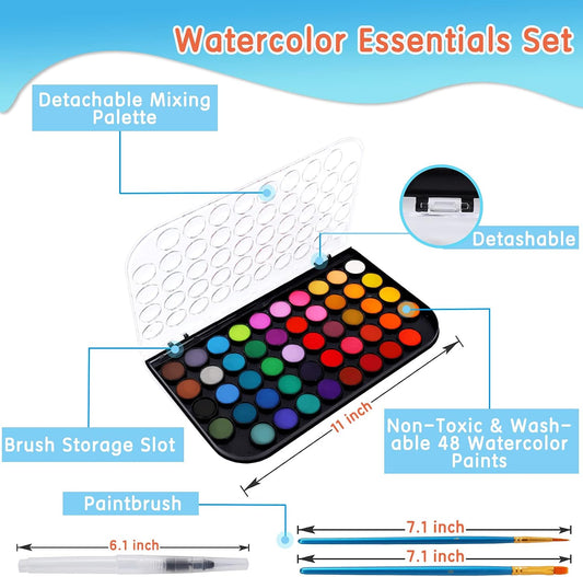 48 Colors Washable Watercolor Paint Set, with 3 Brushes Pen | watercolor palette, Non-toxic Water Color Paints Sets for Kids, Adults Artists Students Beginner,Travel Watercolor Set