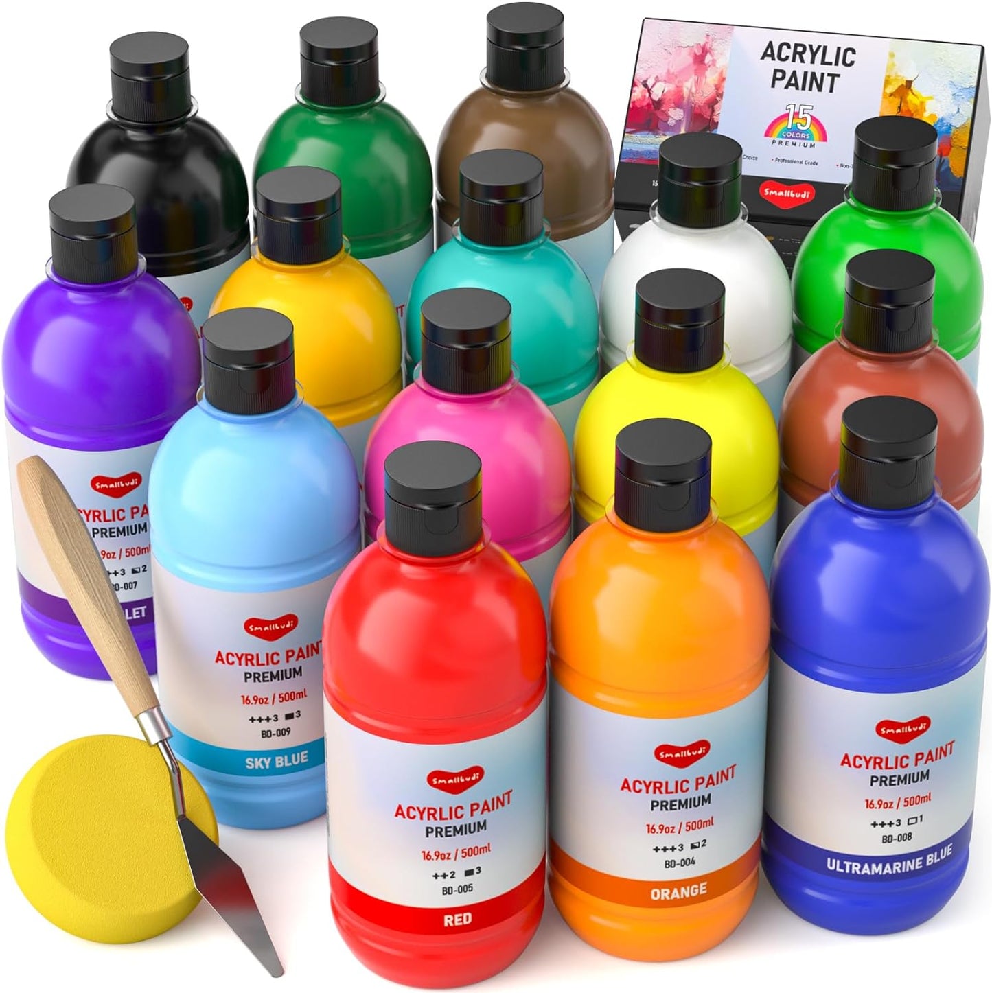 Smallbudi Bulk Acrylic Paint Set, 15 Colors 16.9oz for Artists & Beginners | Rich Pigment, Large Non-Toxic Acrylic Paint Kit for Adult Painting Party, Large-Scale Art, Ideal for Canvas Wood Crafts Rock