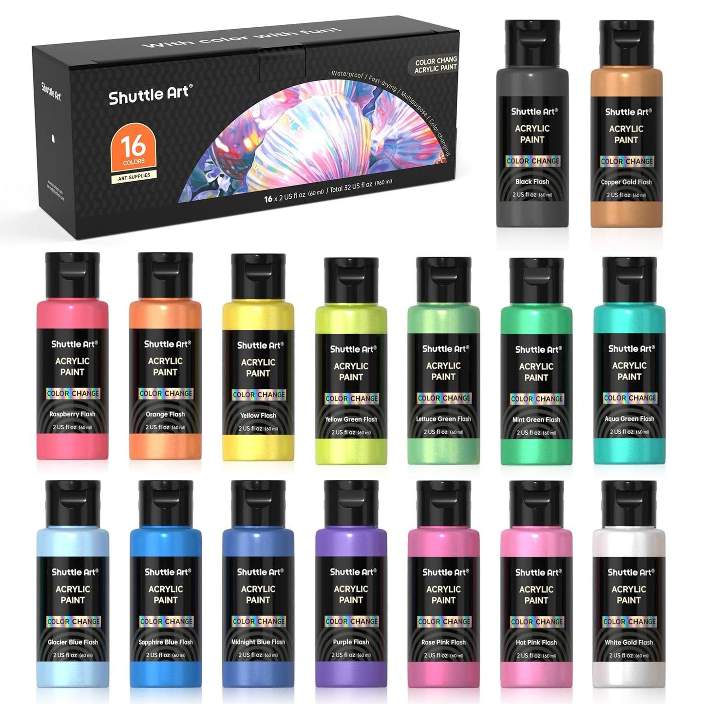 Shuttle Art Acrylic Paint, 25 Colors Acrylic Paint Set, 2oz/60ml Bottles, Rich Pigments Paint for Artists, Beginners and Kids on Canvas Rocks Wood Ceramic Fabric