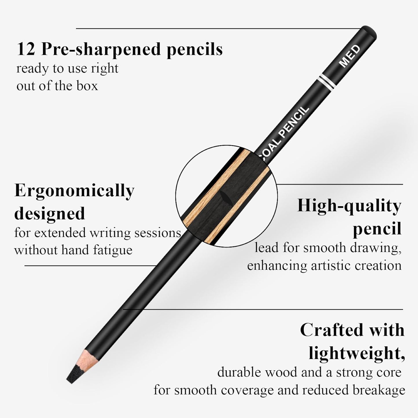 Aenir Charcoal Pencils for Drawing,（S-Soft, Soft, Medium, Hard 12 Pieces | Charcoal Drawing Pencils for Drawing, Sketching, Shading, Smooth, Art Supplies for Artist and Beginners