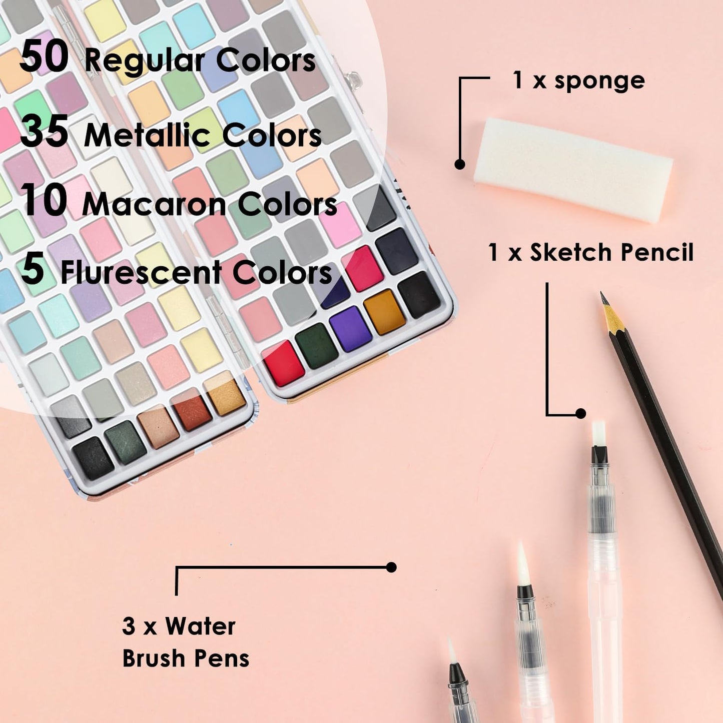 Grabie Watercolor Paint Set of 100 Color with Water Brush Pens | Water Brush Pens Included, Portable Carrying Case, High Pigment Paints, Smooth Blending, Travel Painting