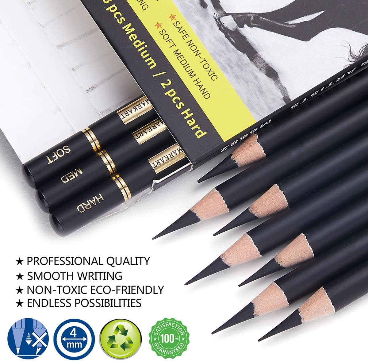 MARKART Professional Charcoal Pencils Drawing Set, 10 Pcs Soft Medium Hard | Charcoal Pencils for Drawing, Sketching, Shading, Artist Pencils for Beginners & Pro Artists
