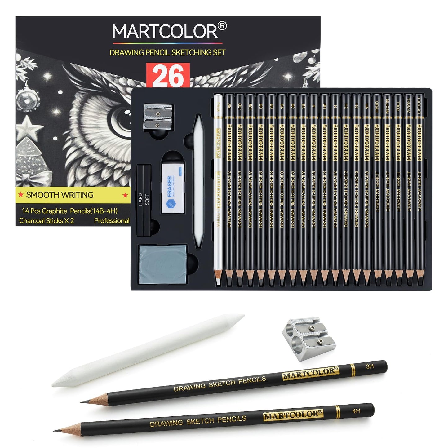 MARTCOLOR 20 Pieces Drawing Sketching Pencil Set, Graphite Pencils (14B-4H) | Charcoal Sticks, Stump, Eraser, Sharpeners, Ideal for Drawing Art, Sketching, Artist Pencils for Beginners & Pro Artists