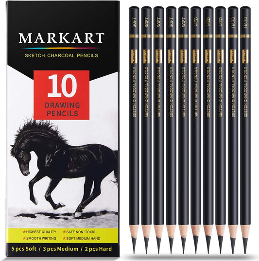 MARKART Professional Charcoal Pencils Drawing Set, 10 Pcs Soft Medium Hard | Charcoal Pencils for Drawing, Sketching, Shading, Artist Pencils for Beginners & Pro Artists