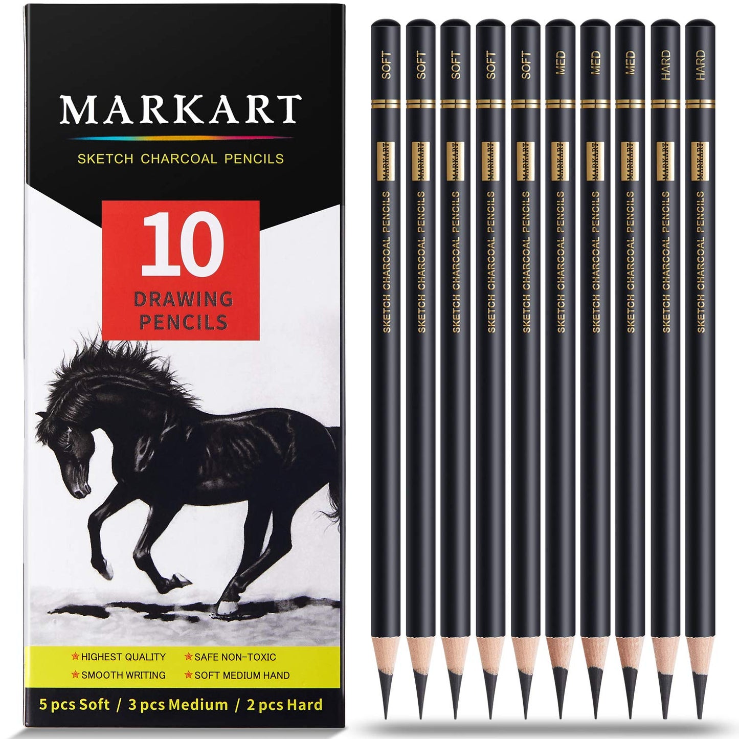 MARKART Professional Charcoal Pencils Drawing Set, 10 Pcs Soft Medium Hard | Charcoal Pencils for Drawing, Sketching, Shading, Artist Pencils for Beginners & Pro Artists