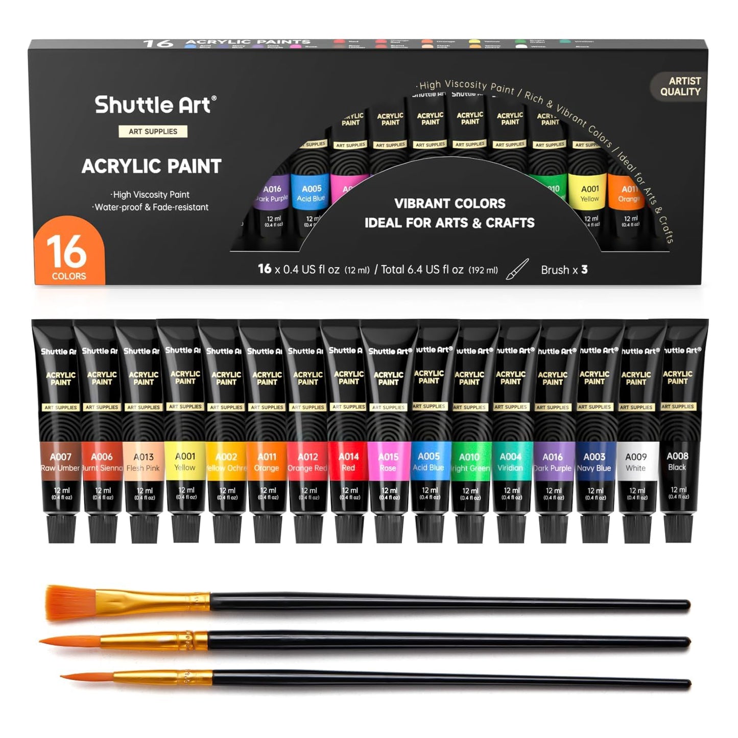 Shuttle Art Acrylic Paint Set, 16 x12ml Tubes Artist Quality Non Toxic Rich Pigments Colors Great for Kids Adults Professional Painting on Canvas Wood Clay Fabric Ceramic Crafts