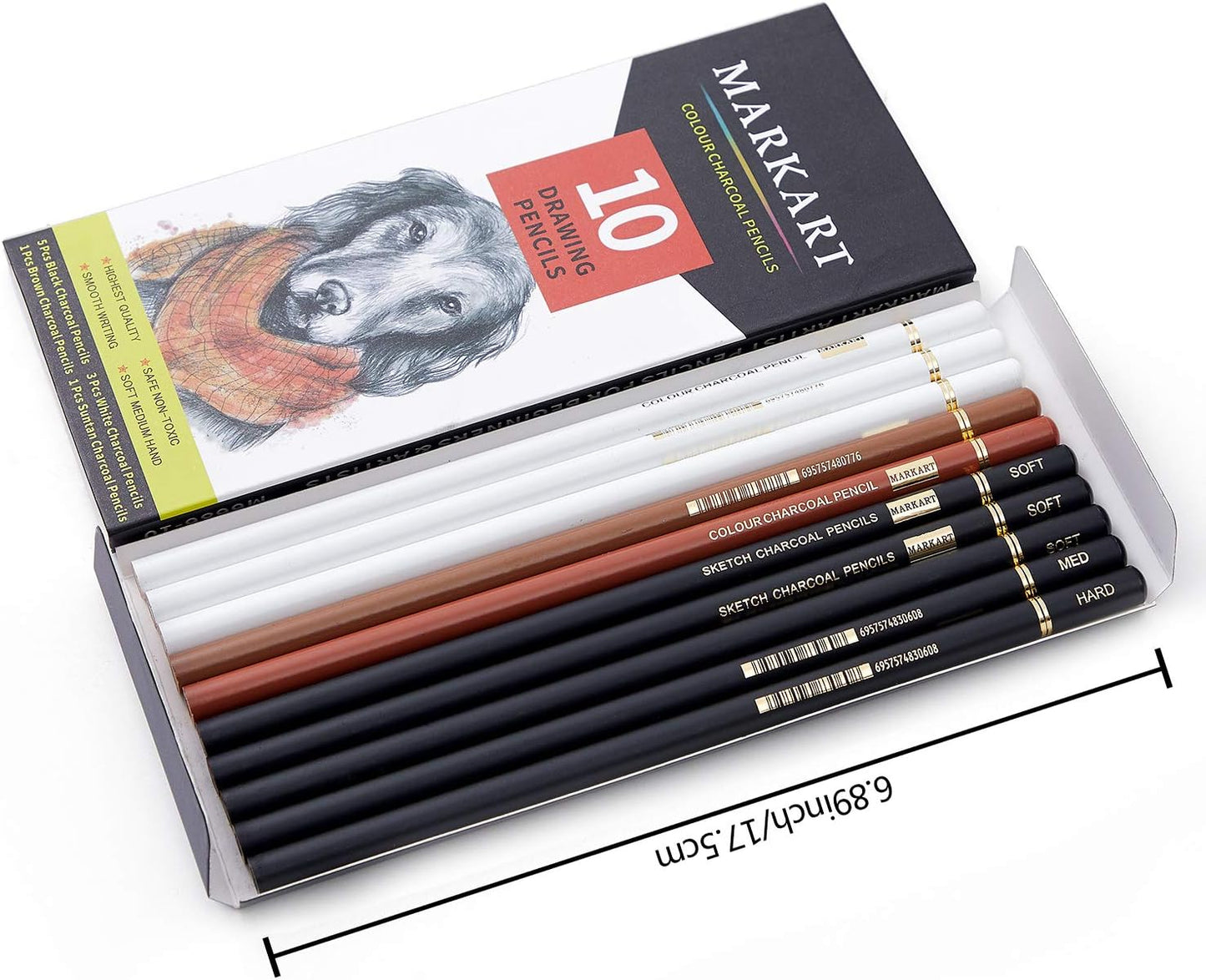 MARKART 10 Pack Professional Charcoal Pencils for Drawing | Black & White Charcoal Pencils for Sketching, Shading, Blending, Portrait, Pastel Chalk Pencils for Beginners & Artists
