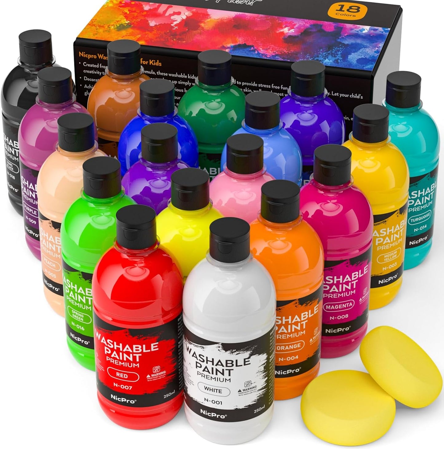 Nicpro 18 Colors Large Washable Paint Set for Kid (8.45oz), Tempera Paints | Classroom Must Haves, Acrylic Bulk Paint Supplies Non Toxic Paint for Art, Craft DIY, Poster & Finger Paint, School, Home