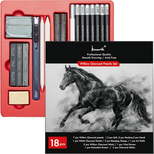 Brusarth 18 Pcs Charcoal Pencils Art Kit for Drawing, Sketching | Art Sketching Pencil Supplies for Drawing, Shading, Sketching, Blending, Artist Pencils for Beginners & Artists