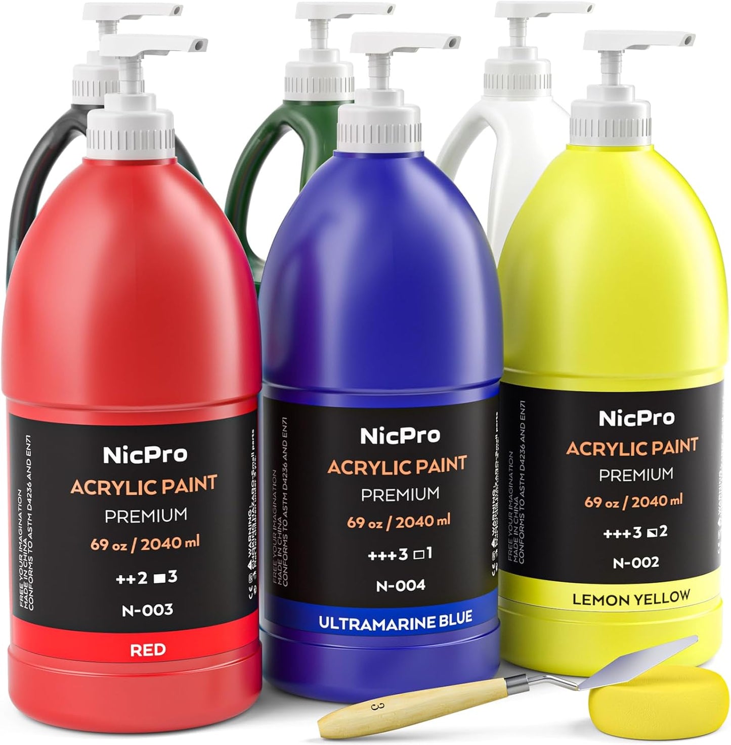 Nicpro 6 Colors Bulk Acrylic Paint Set, 69oz/2040ml Art Painting Supplies | Large Non Toxic Rich Paints Set for Multi Surface, Canvas, Wood, Stone Craft, for Adult Stuents with Pump, Color wheel