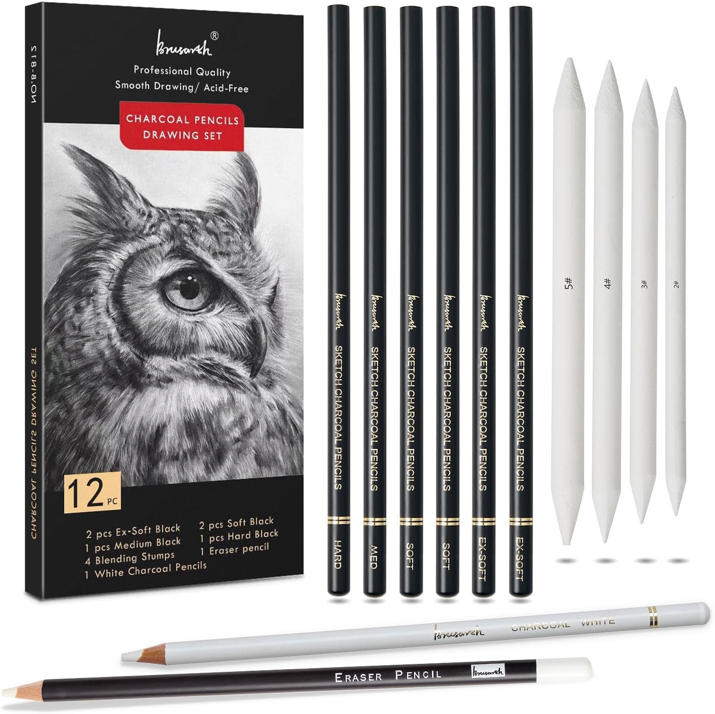 Brusarth Charcoal Drawing Set -12 pc Black charcoal pencils, White Charcoal Pencils, Eraser Pencils, Blending Stumps for Drawing, Sketching, Shading, Artist Pencils for Beginners & Artists