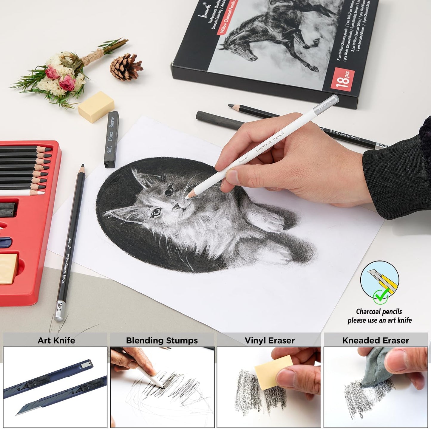 Brusarth 18 Pcs Charcoal Pencils Art Kit for Drawing, Sketching | Art Sketching Pencil Supplies for Drawing, Shading, Sketching, Blending, Artist Pencils for Beginners & Artists