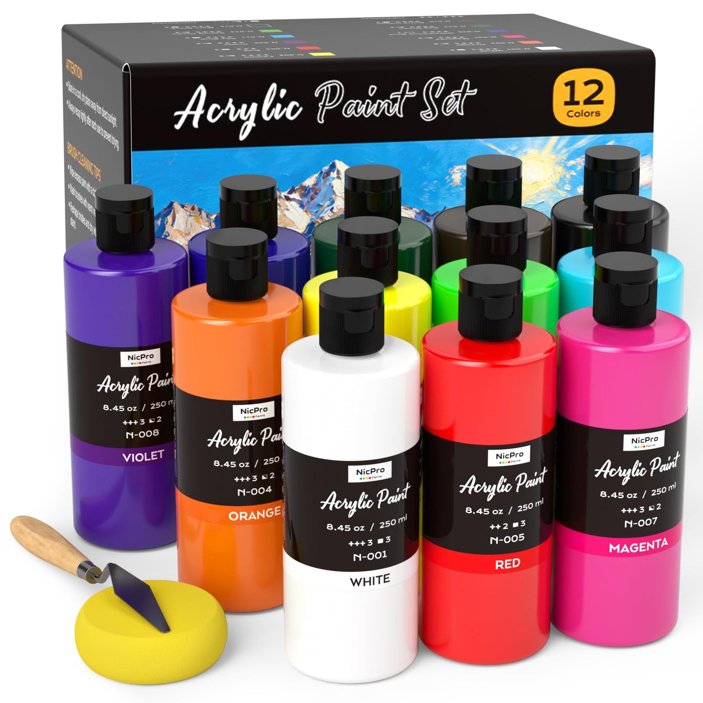 Nicpro 14 Colors Large Bulk Acrylic Paint Set for Artist (16.9 oz, 500 ml) | Rich Art Painting Supplies, Non Toxic for Multi Surface Craft Rock Canvas Wood Ceramic Leather Fabric, for Adult Beginners