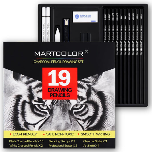 MARTCOLOR Charcoal Drawing Set, 19 Pieces, Black & White Charcoal Pencils | Charcoal Sticks, Blending Stumps, Art Knife, Eraser for Drawing, Sketching, Shading, Artist Pencils for Beginners & Artists