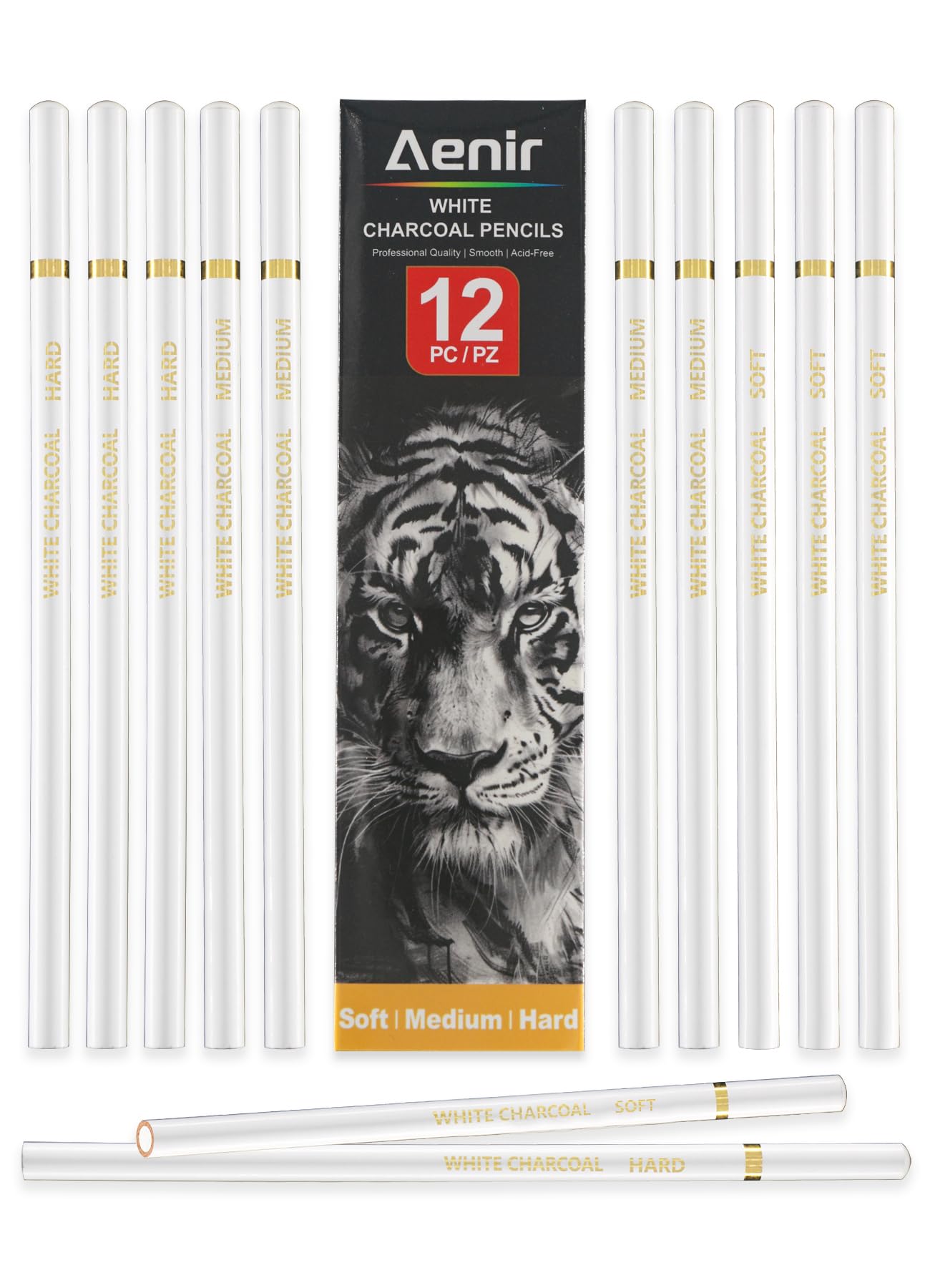 Aenir Charcoal Pencils for Drawing,（S-Soft, Soft, Medium, Hard 12 Pieces | Charcoal Drawing Pencils for Drawing, Sketching, Shading, Smooth, Art Supplies for Artist and Beginners