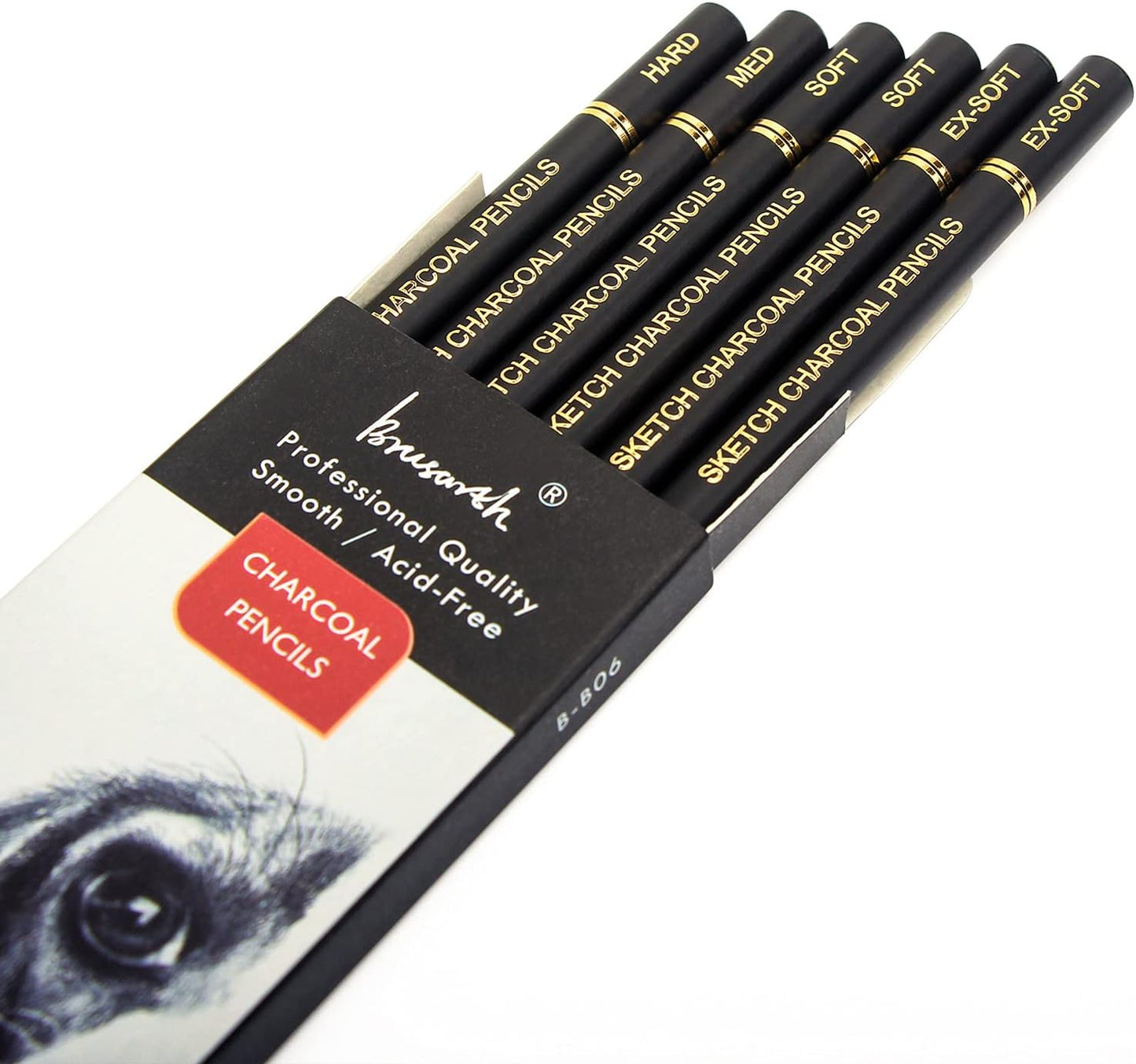 Brusarth Professional Charcoal Pencils Drawing Set - 6 Pieces Soft Medium and Hard Charcoal Pencils for Drawing, Sketching, Shading