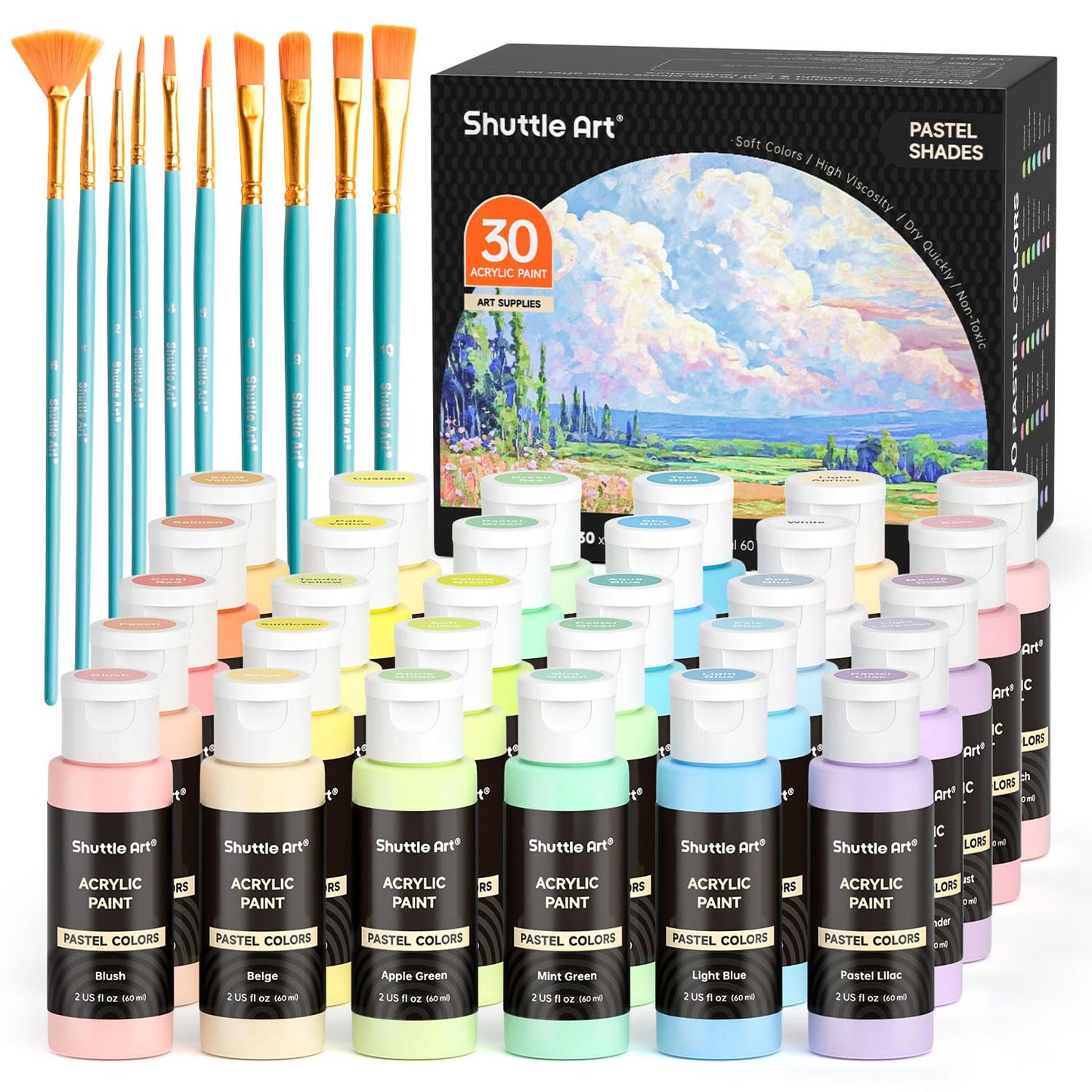 Shuttle Art Acrylic Paint, 25 Colors Acrylic Paint Set, 2oz/60ml Bottles, Rich Pigments Paint for Artists, Beginners and Kids on Canvas Rocks Wood Ceramic Fabric