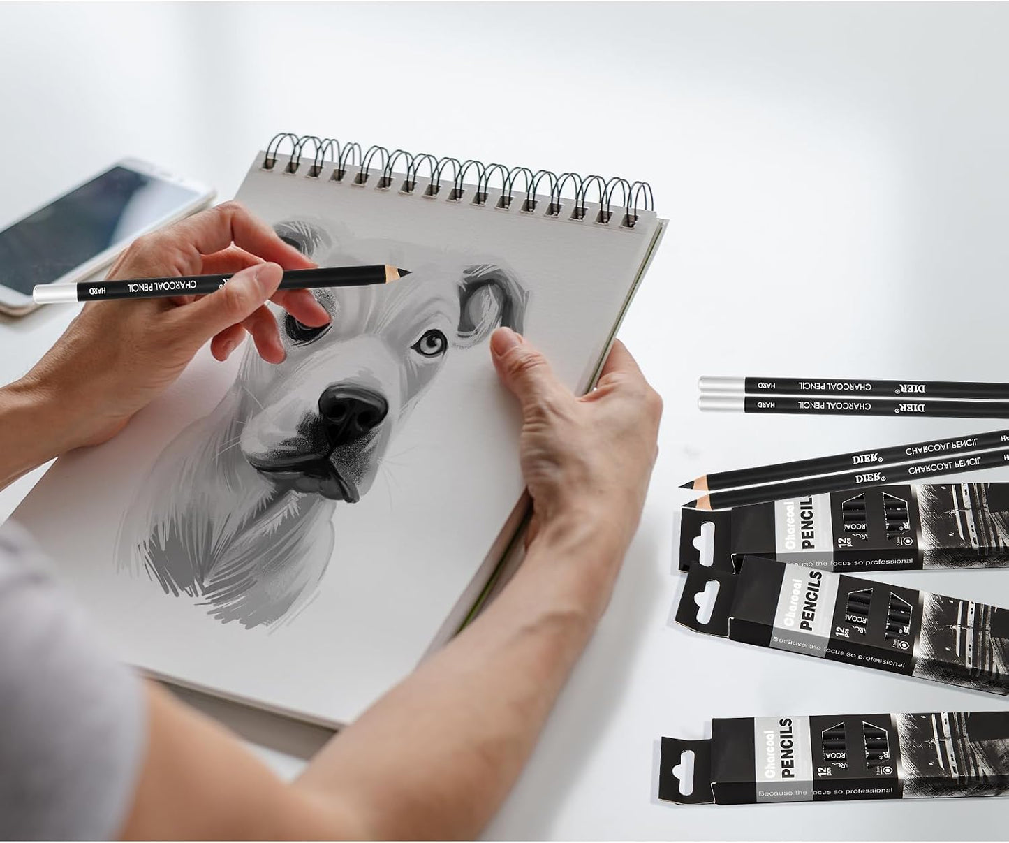 Geyoga 180 Pcs Professional Charcoal Pencils Drawing Bulk Soft Medium and Hard Charcoal Sketch Drawing Pencils for Beginners Artists Shading Sketching