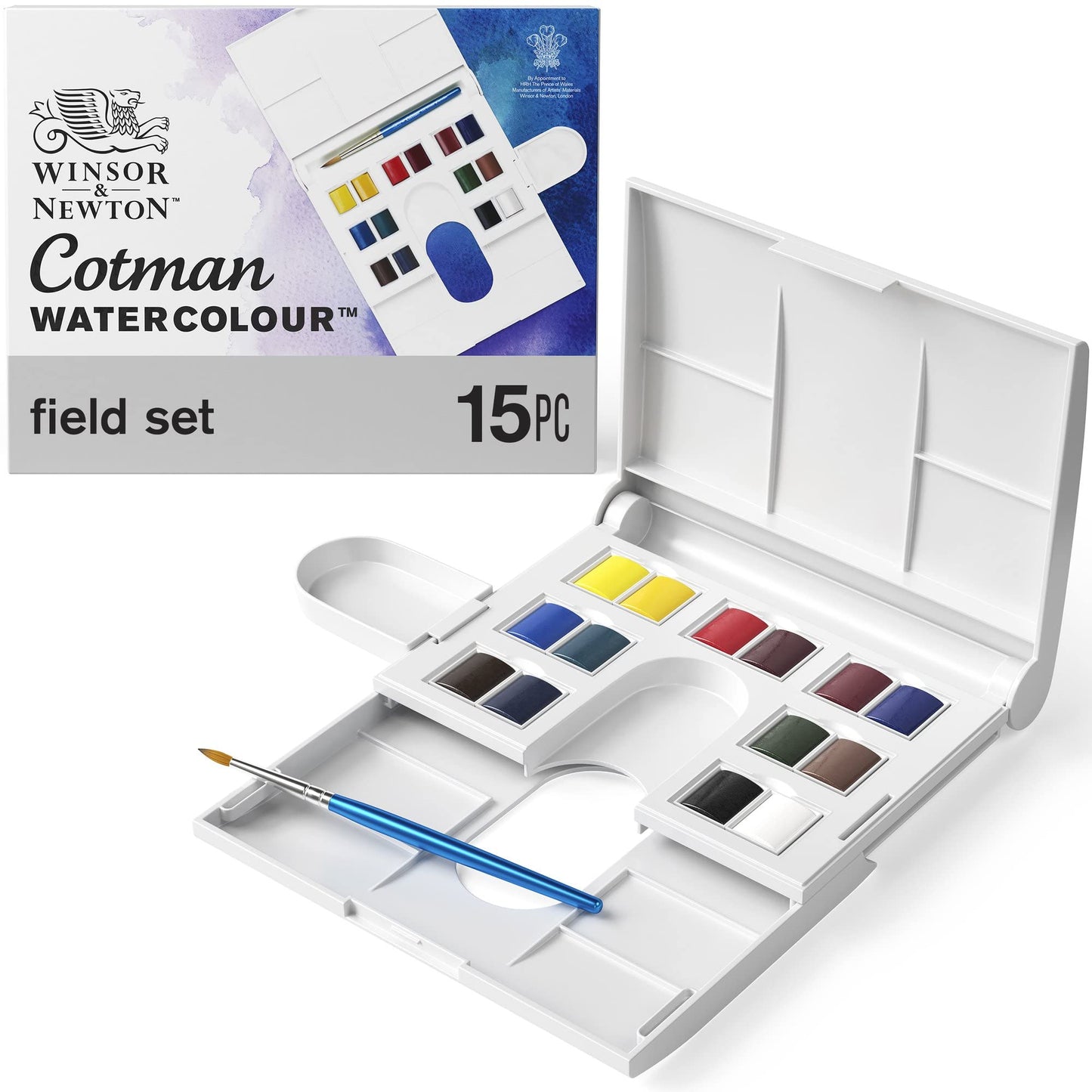 Winsor & Newton Cotman Watercolor Paint Set, Field Pocket Set, 12 Half Pan w/ Brush, Sponge, Bottle