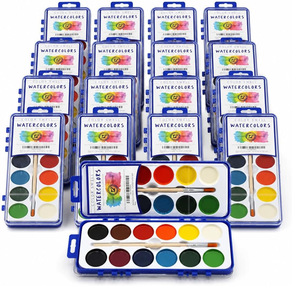 Color Swell 12 Color Bulk Watercolors with Wood Brushes, 18 Pack