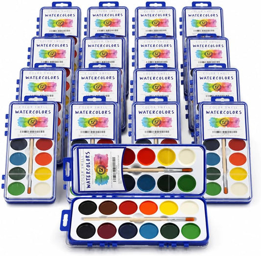 Color Swell 12 Color Bulk Watercolors with Wood Brushes, 18 Pack
