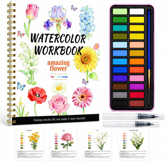 Watercolor Workbook - Water Coloring Book Set for Adults. 14 Beautiful Flower Designs Water Colors Book, 24-Color Watercolor Paint, 3 Brush Pens, 300g Watercolor Paper, Friendly for Beginners