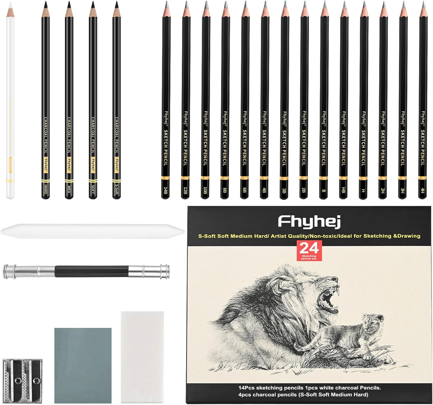 24 Piece Sketch Pencil Set, Graphite Charcoal for Shading Beginners | Graphite Pencils 14B-4H, Charcoal Pencils, White Charcoal, Art Supplies, Shading, Drawing, Sketching, Beginners & Artists